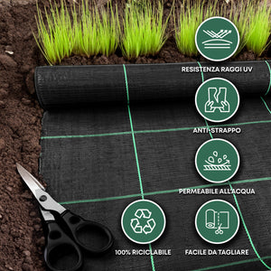 Telo Pacciamatura  Antistrappo Uv Resistente Permeabile Drenante Orto Giardino Serra Polipropilene Contro Le Erbacce Copertura Pacciamante Super Resistente Stop Erbe Infestanti 2.10x20Mt
