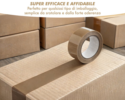 Nastro Adesivo Da Imballaggio Pacchi 50mm x 66 Metri Acrilico Resistente All'Acqua Silenzioso Sigilla Spedizioni Protezione Per Trasloco Prodotto Italiano Avana - 12 Rotoli