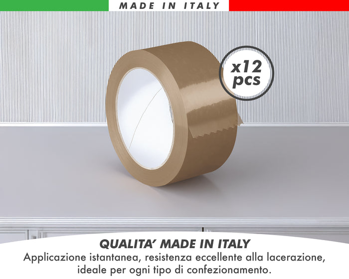 Nastro Adesivo Da Imballaggio Pacchi 50mm x 66 Metri Acrilico Resistente All'Acqua Silenzioso Sigilla Spedizioni Protezione Per Trasloco Prodotto Italiano Avana - 12 Rotoli