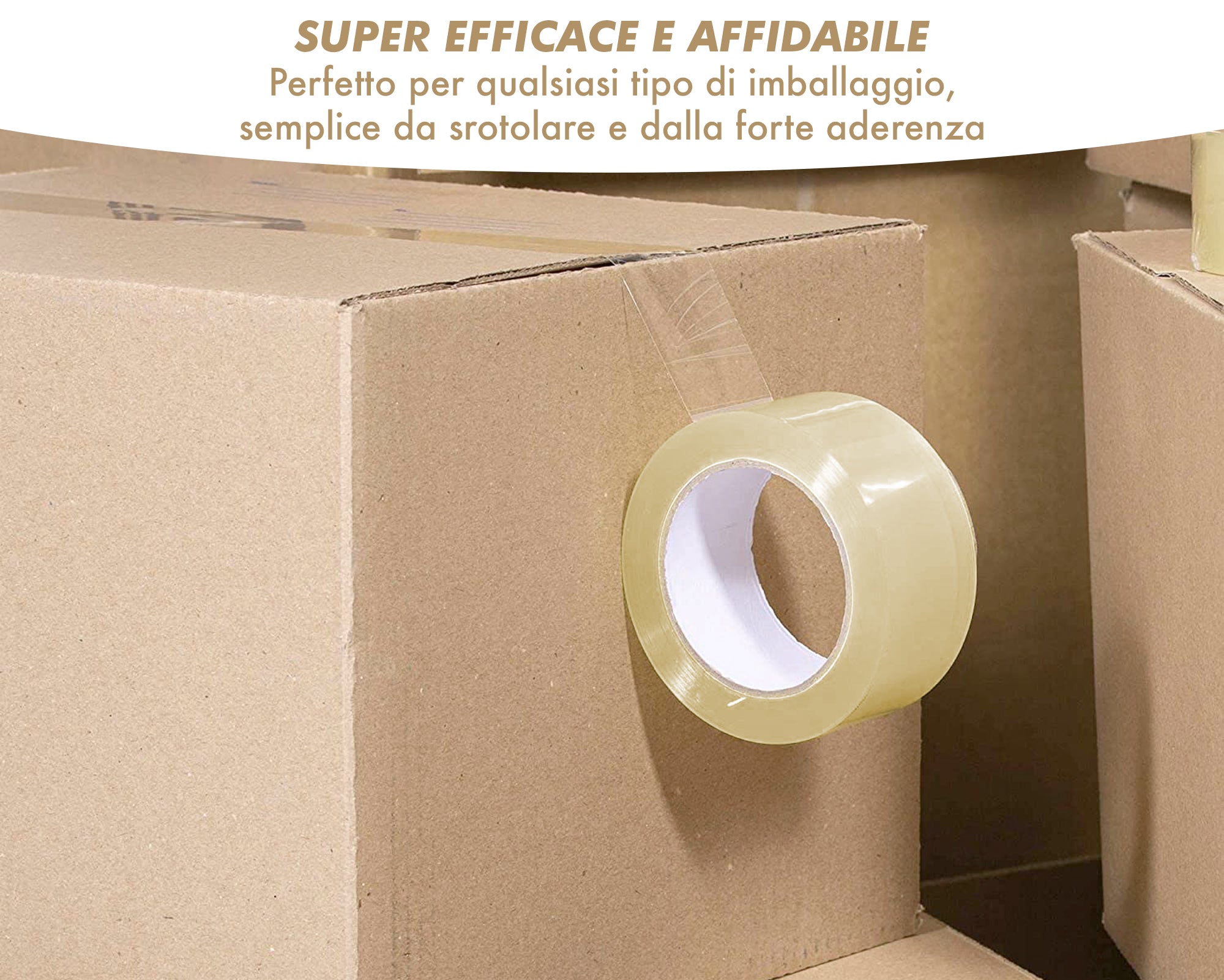 Nastro Adesivo Da Imballaggio Pacchi 50mm x 66 Metri Acrilico Resistente All'Acqua Silenzioso Sigilla Spedizioni Protezione Per Trasloco Prodotto Italiano Trasparente - 12 Rotoli