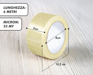 Nastro Adesivo Da Imballaggio Pacchi 50mm x 66 Metri Acrilico Resistente All'Acqua Silenzioso Sigilla Spedizioni Protezione Per Trasloco Prodotto Italiano Trasparente - 12 Rotoli