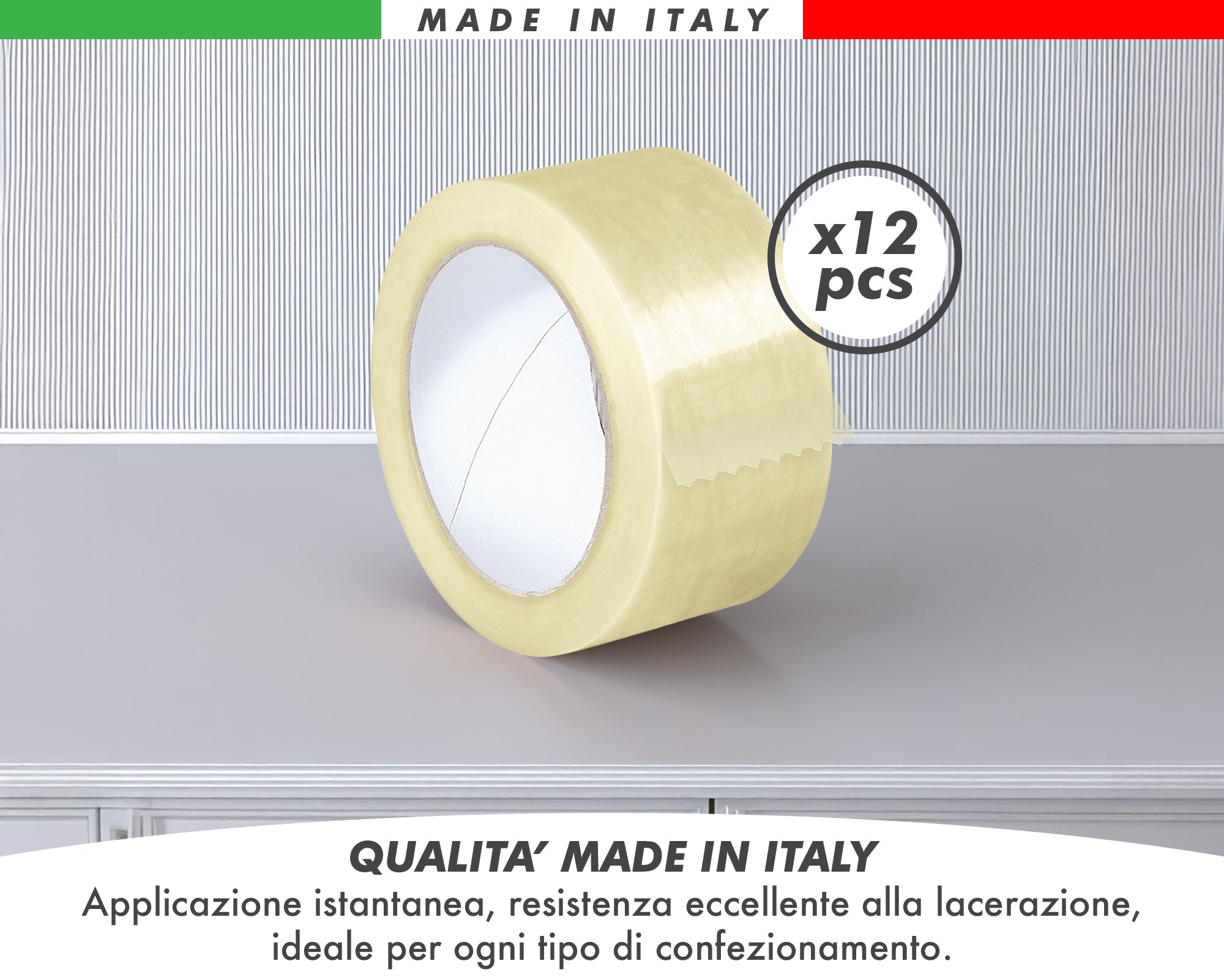 Nastro Adesivo Da Imballaggio Pacchi 50mm x 66 Metri Acrilico Resistente All'Acqua Silenzioso Sigilla Spedizioni Protezione Per Trasloco Prodotto Italiano Trasparente - 12 Rotoli