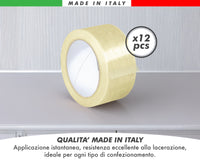 Nastro Adesivo Da Imballaggio Pacchi 50mm x 66 Metri Acrilico Resistente All'Acqua Silenzioso Sigilla Spedizioni Protezione Per Trasloco Prodotto Italiano Trasparente - 12 Rotoli