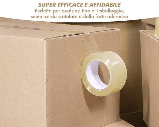 Nastro Adesivo Da Imballaggio Pacchi 50mm x 66 Metri Acrilico Resistente All'Acqua Silenzioso Sigilla Spedizioni Protezione Per Trasloco Prodotto Italiano Trasparente - 24 Rotoli