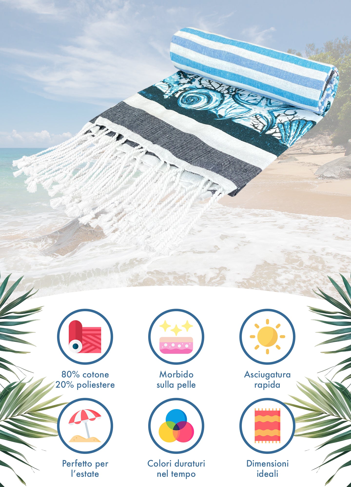 Telo Mare Con Frange Asciugamano Da Spiaggia Misura Grande 90x190 Cm Assorbente In Morbido Cotone Leggero Stampe Moderne Anti Sabbia Lettino Vacanze Piscina CapeRange