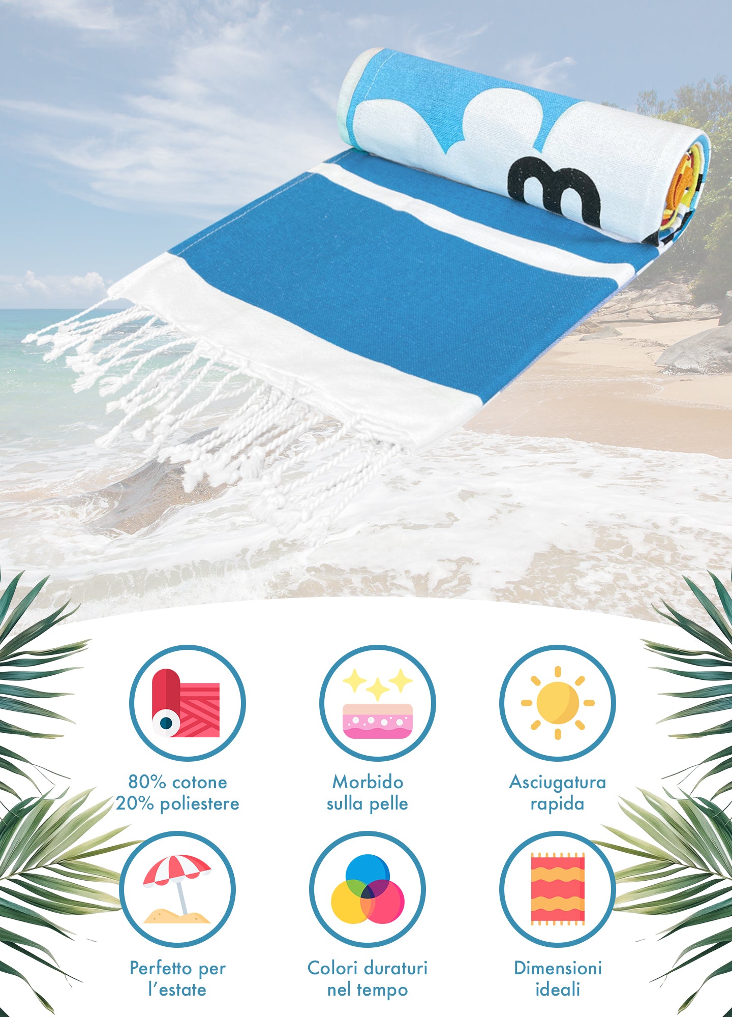 Telo Mare Con Frange Asciugamano Da Spiaggia Misura Grande 90x190 Cm Assorbente In Morbido Cotone Leggero Stampe Moderne Anti Sabbia Lettino Vacanze Piscina Mediterraneen