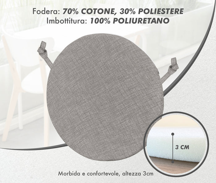 Cuscini Rotondi Per Sedie Cucina Imbottiti Sfoderabili Con Cerniera Cuscino Rotondo Ø 40 Cm Sedia Tavolo Lavabile In Lavatrice Con Lacci Per Fissaggio Prodotto Italiano Comodi 6 Pezzi - Grigio