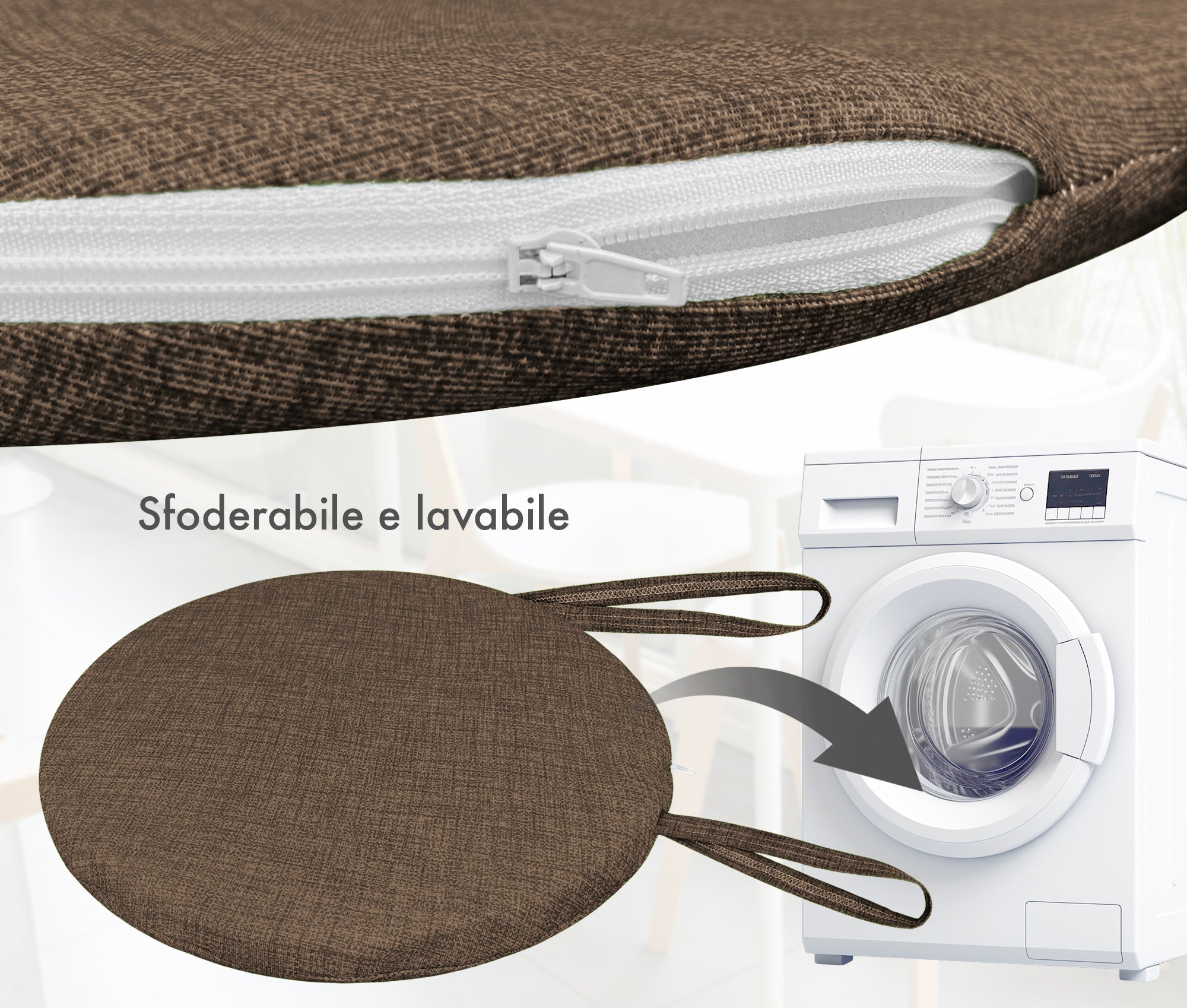 Cuscini Rotondi Per Sedie Cucina Imbottiti Sfoderabili Con Cerniera Cuscino Rotondo Ø 40 Cm Sedia Tavolo Lavabile In Lavatrice Con Lacci Per Fissaggio Prodotto Italiano Comodi 4 Pezzi - Marrone