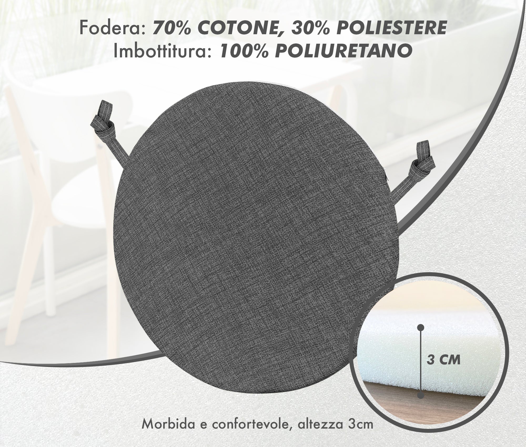 Cuscini Rotondi Per Sedie Cucina Imbottiti Sfoderabili Con Cerniera Cuscino Rotondo Ø 40 Cm Sedia Tavolo Lavabile In Lavatrice Con Lacci Per Fissaggio Prodotto Italiano Comodi 6 Pezzi - Piombo