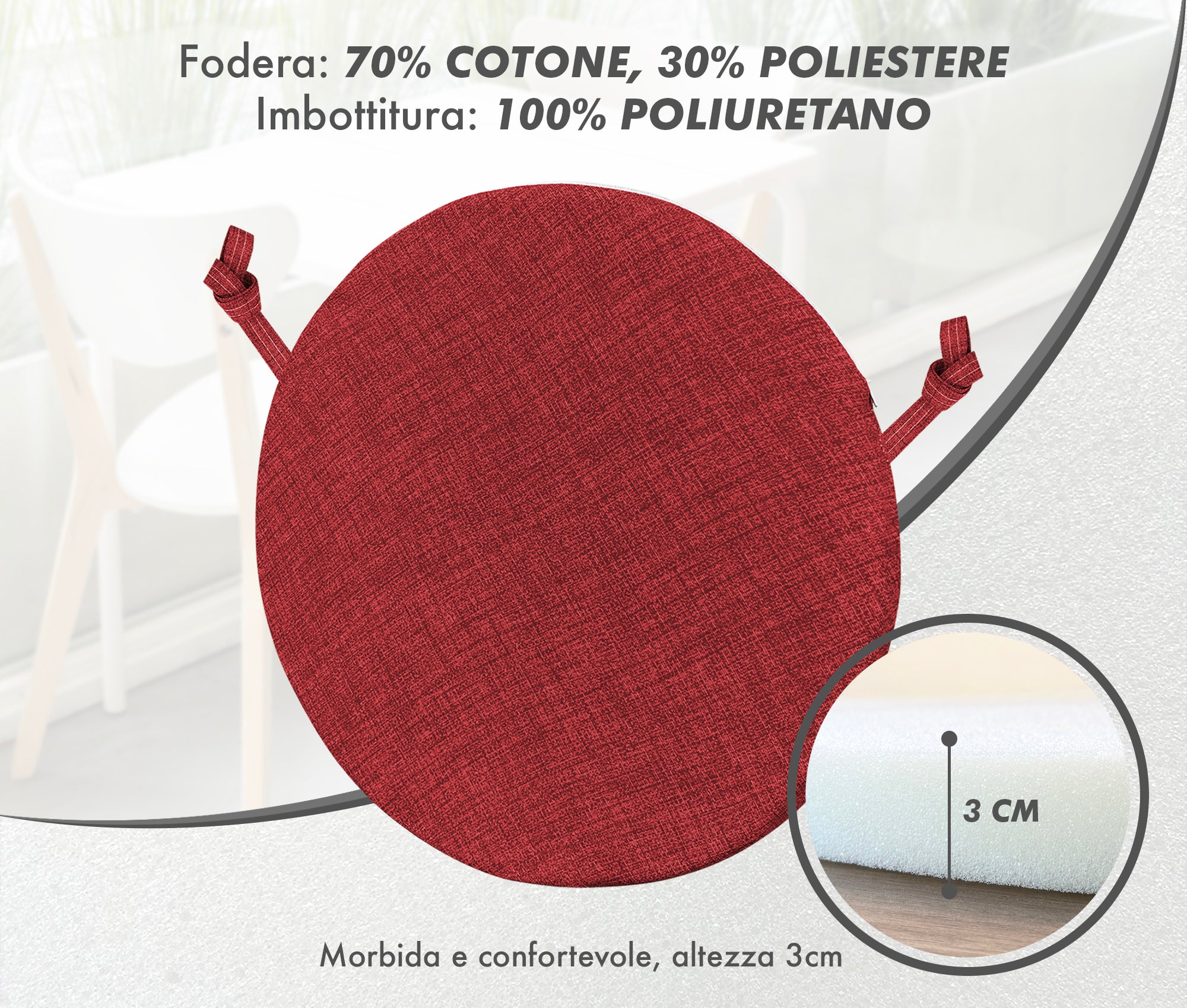 Cuscini Rotondi Per Sedie Cucina Imbottiti Sfoderabili Con Cerniera Cuscino Rotondo Ø 40 Cm Sedia Tavolo Lavabile In Lavatrice Con Lacci Per Fissaggio Prodotto Italiano Comodi 6 Pezzi - Rosso