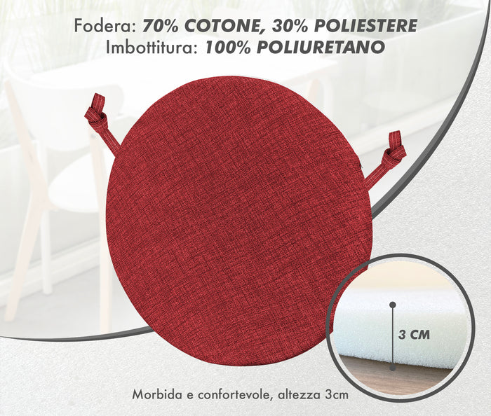 Cuscini Rotondi Per Sedie Cucina Imbottiti Sfoderabili Con Cerniera Cuscino Rotondo Ø 40 Cm Sedia Tavolo Lavabile In Lavatrice Con Lacci Per Fissaggio Prodotto Italiano Comodi 6 Pezzi - Rosso