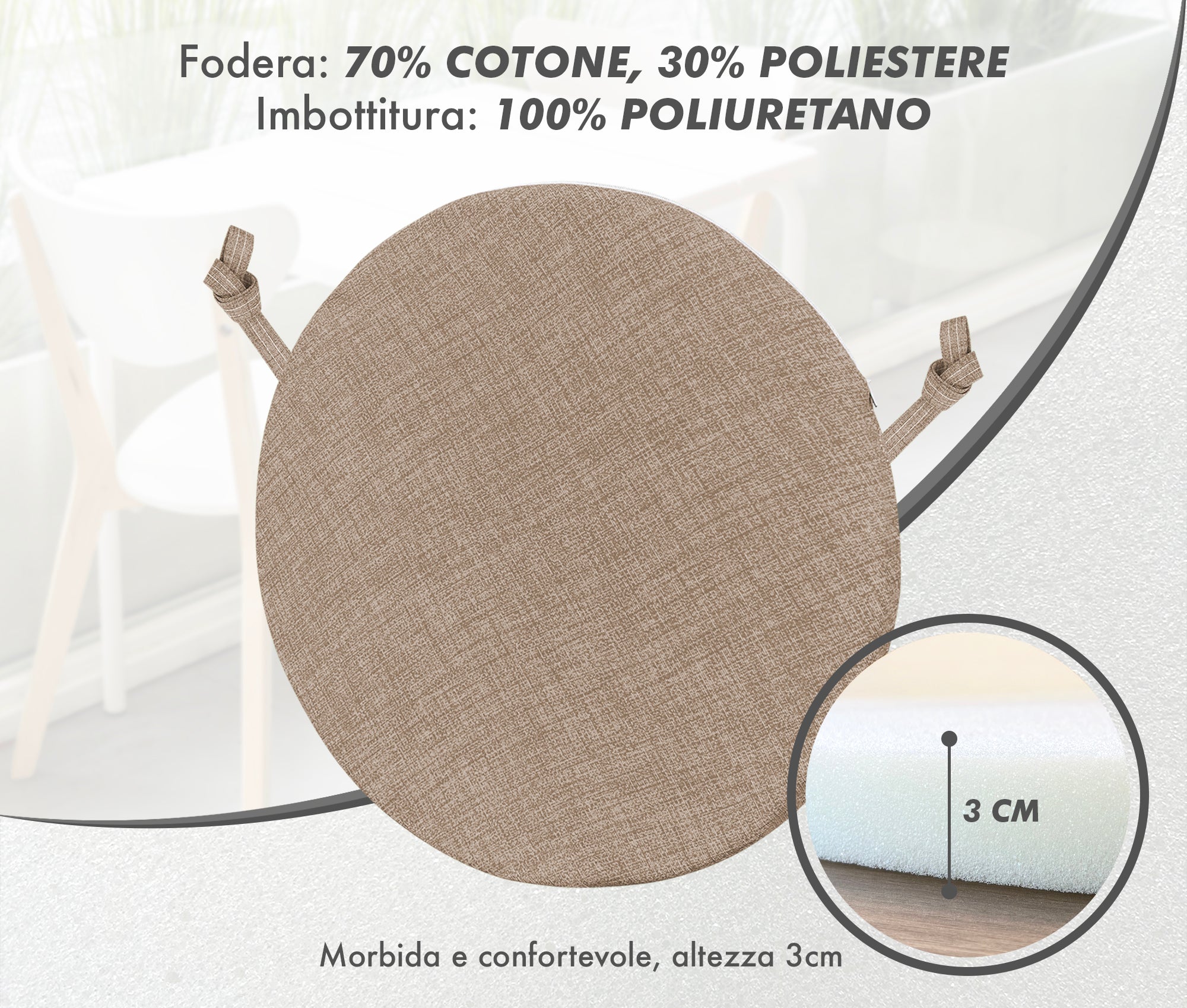 Cuscini Rotondi Per Sedie Cucina Imbottiti Sfoderabili Con Cerniera Cuscino Rotondo Ø 40 Cm Sedia Tavolo Lavabile In Lavatrice Con Lacci Per Fissaggio Prodotto Italiano Comodi 6 Pezzi - Tortora