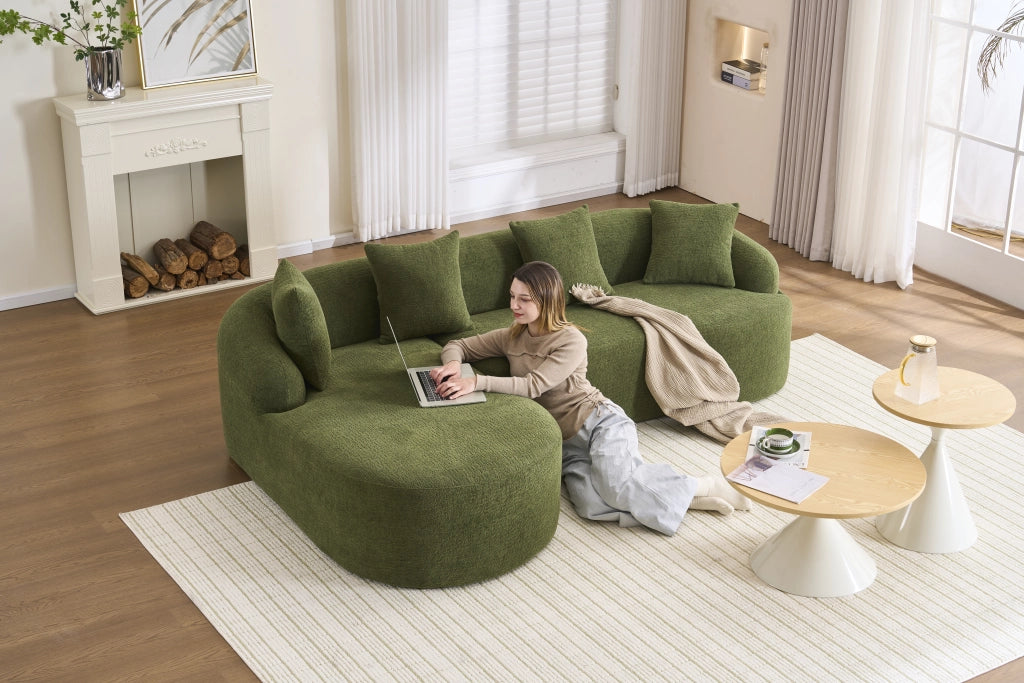 Divano modulare angolare con chaise longue sinistra e 2 posti; montaggio senza attrezzi in chenille verde