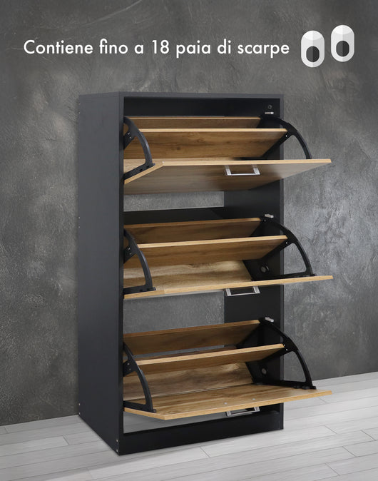 Scarpiera In Legno Con Ante A Ribalta Armadio Salvaspazio Disponibile 3/4 Ante Vari Colori PortaScarpe Alto Stretto Ingresso Corridoio Scarpiere Design Moderno Nero - 3 Ante