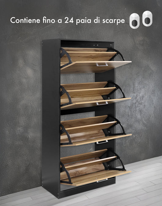 Scarpiera In Legno Con Ante A Ribalta Armadio Salvaspazio Disponibile 3/4 Ante Vari Colori PortaScarpe Alto Stretto Ingresso Corridoio Scarpiere Design Moderno Nero - 4 Ante