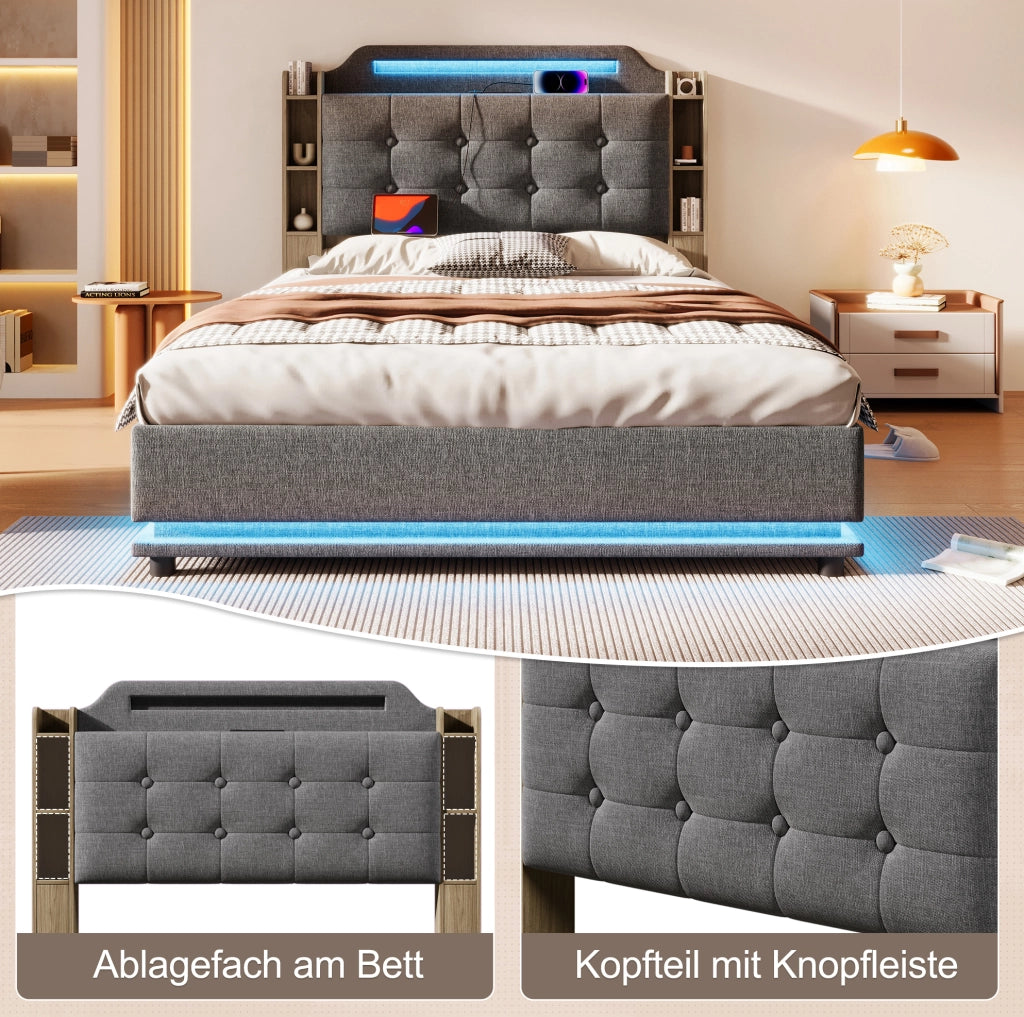 Letto imbottito 140 x 200 cm con illuminazione integrata e ricarica laterale