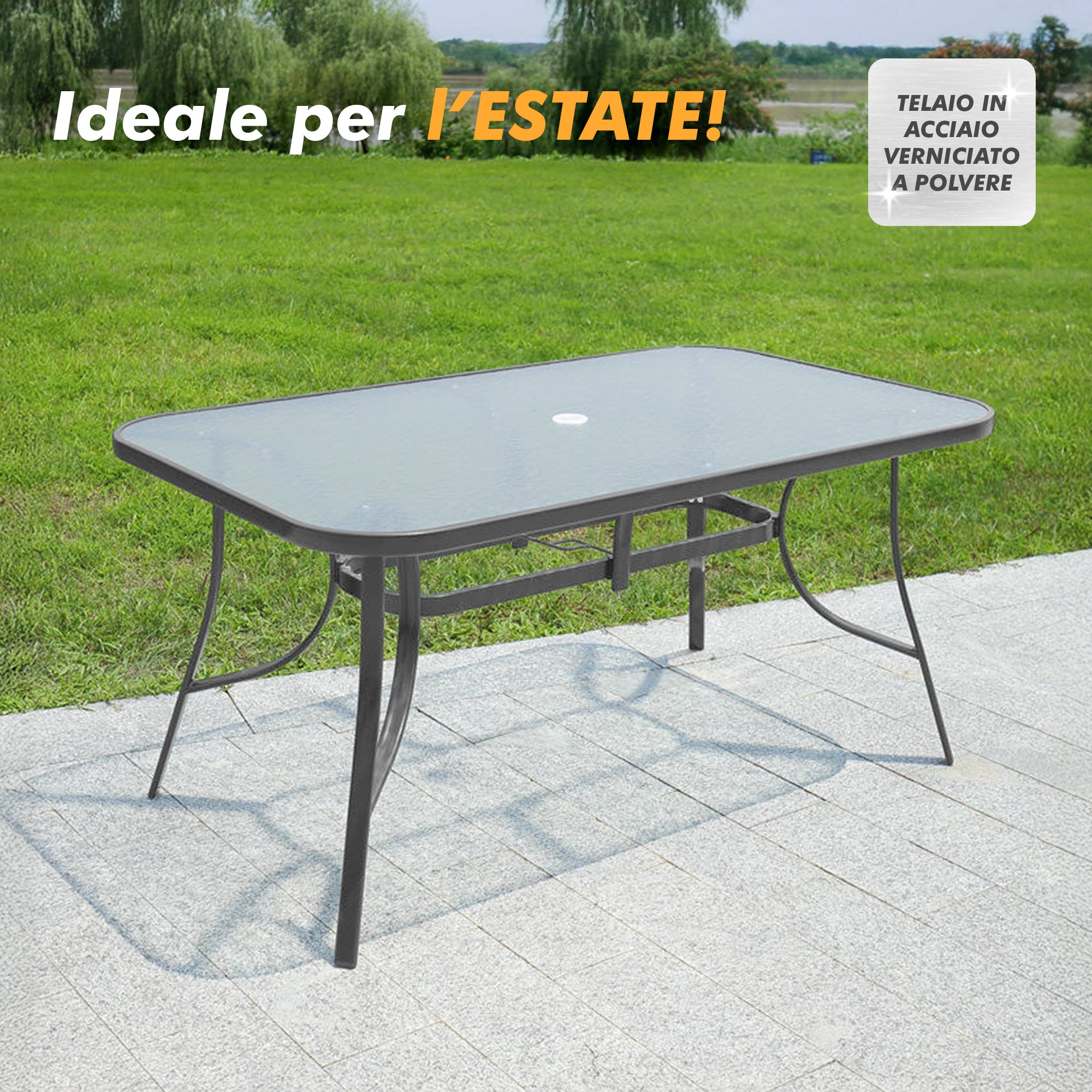 Tavolo Da Giardino 6 Posti Con Foro Per Ombrellone Arredamento Esterno Terrazzo 150x90x70 Ripiano In Vetro Temperato