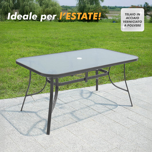 Tavolo Da Giardino 6 Posti Con Foro Per Ombrellone Arredamento Esterno Terrazzo 150x90x70 Ripiano In Vetro Temperato