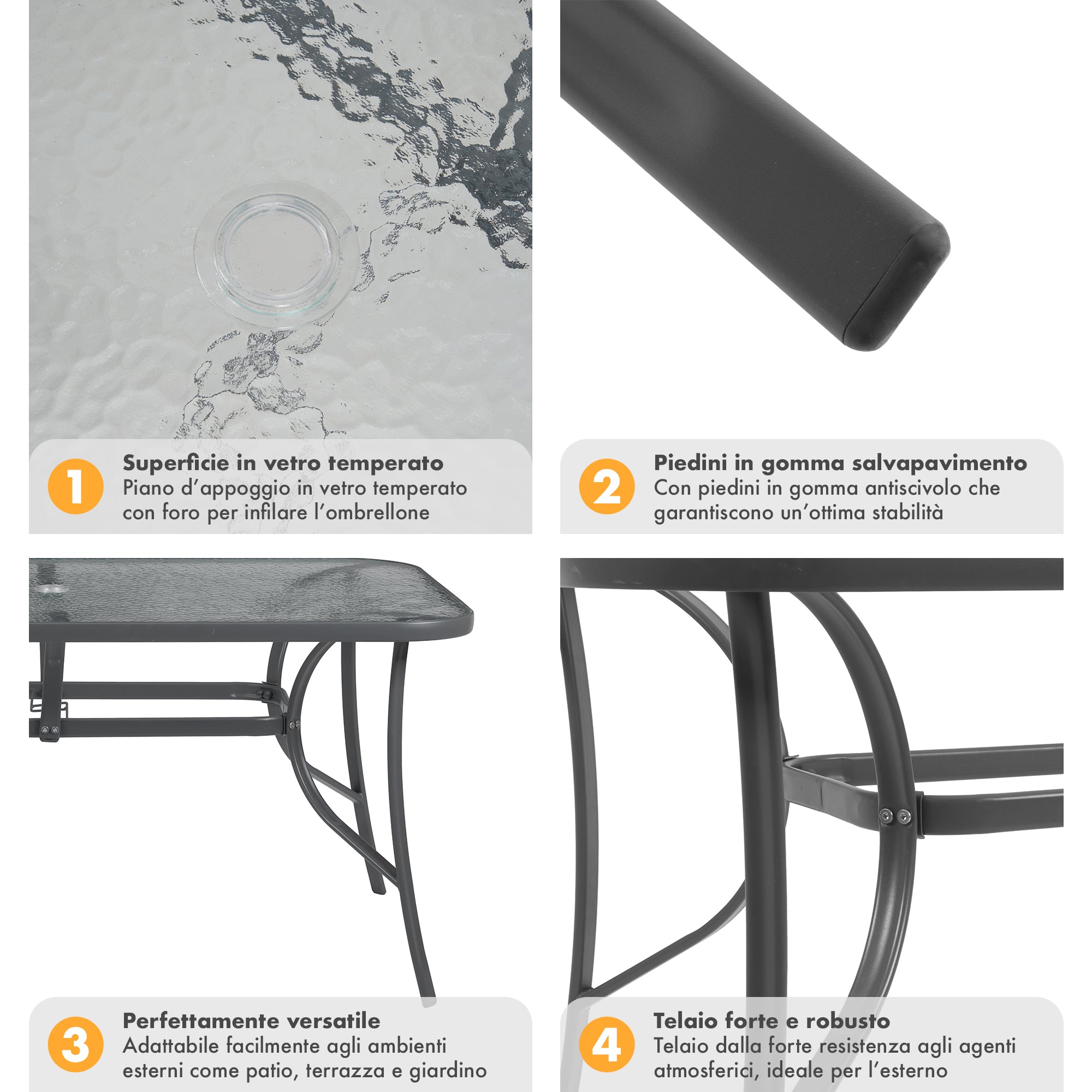 Tavolo Da Giardino 6 Posti Con Foro Per Ombrellone Arredamento Esterno Terrazzo 150x90x70 Ripiano In Vetro Temperato