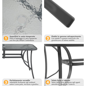 Tavolo Da Giardino 6 Posti Con Foro Per Ombrellone Arredamento Esterno Terrazzo 150x90x70 Ripiano In Vetro Temperato
