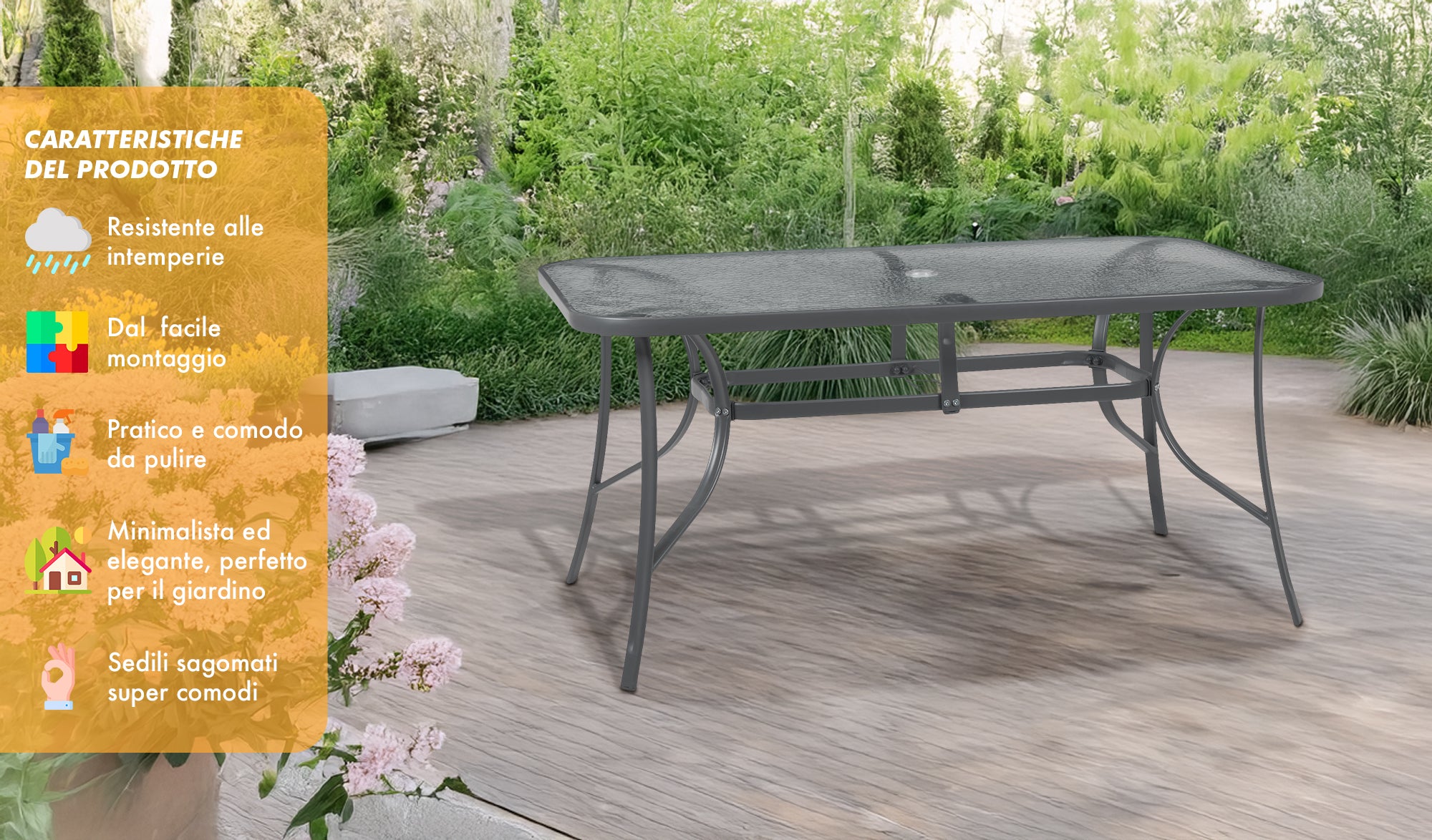 Tavolo Da Giardino 6 Posti Con Foro Per Ombrellone Arredamento Esterno Terrazzo 150x90x70 Ripiano In Vetro Temperato