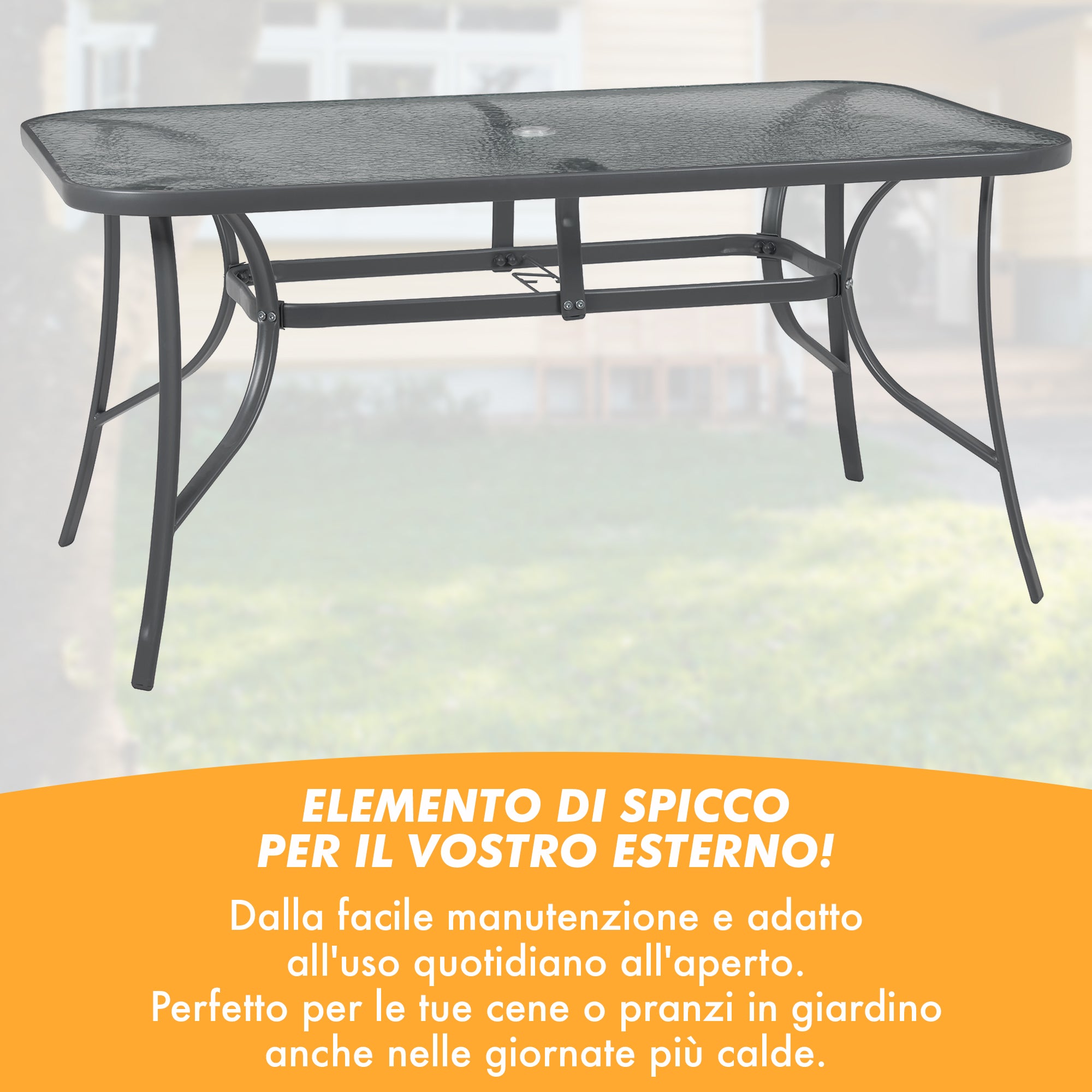 Tavolo Da Giardino 6 Posti Con Foro Per Ombrellone Arredamento Esterno Terrazzo 150x90x70 Ripiano In Vetro Temperato