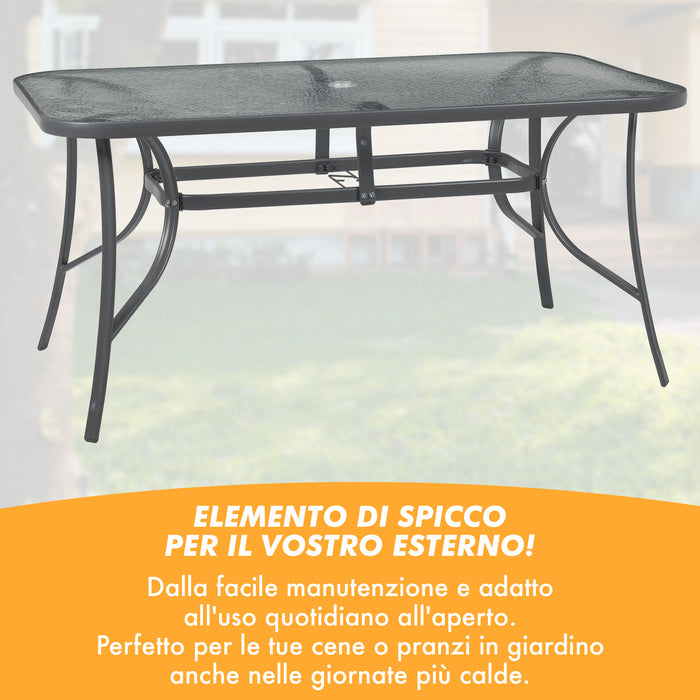 Tavolo Da Giardino 6 Posti Con Foro Per Ombrellone Arredamento Esterno Terrazzo 150x90x70 Ripiano In Vetro Temperato