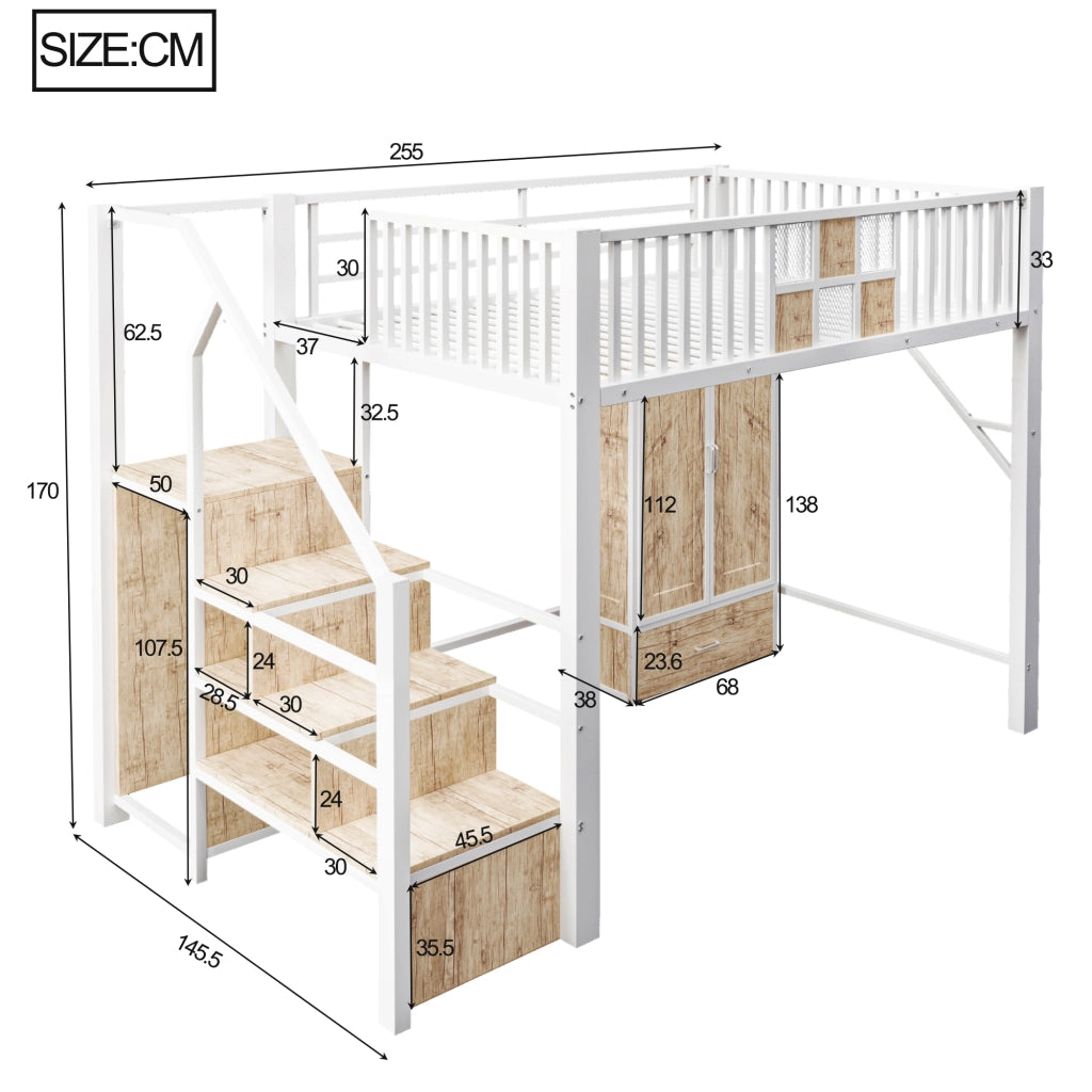 Letto a soppalco in metallo e legno con armadio, cassetti e scala contenitore, bianco, 140 x 200 cm