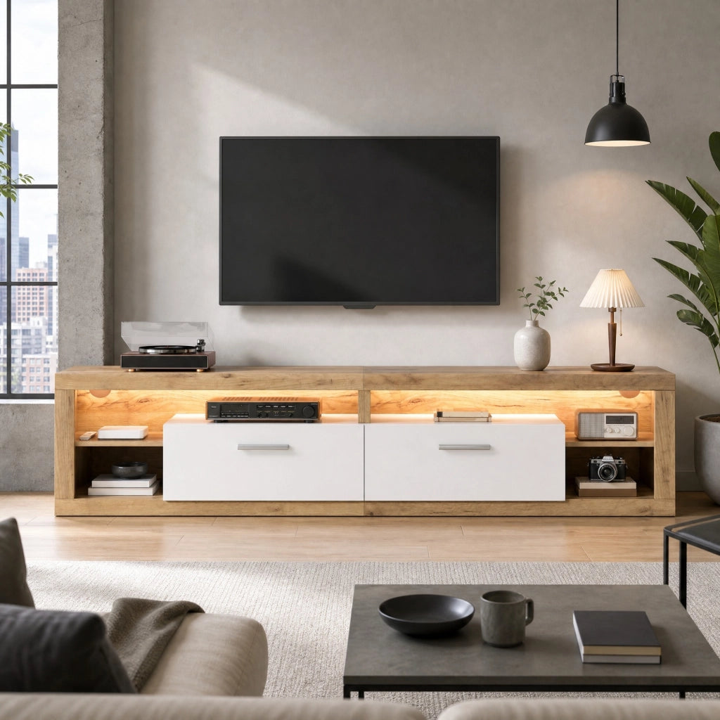 Mobile TV 180 cm con LED controllabili tramite app, 2 cassetti e 4 vani