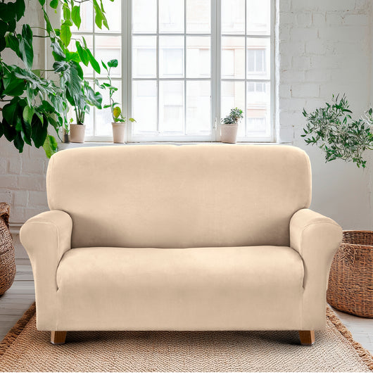 Copridivano In Velluto Elegante Impermeabile Tessuto Elasticizzato Antimacchia Copripoltrona Salva Divano Due Tre Posti Cover Sofà Universale Certificato Oekotex Antigraffio Animali  Crema - Divano 2 posti