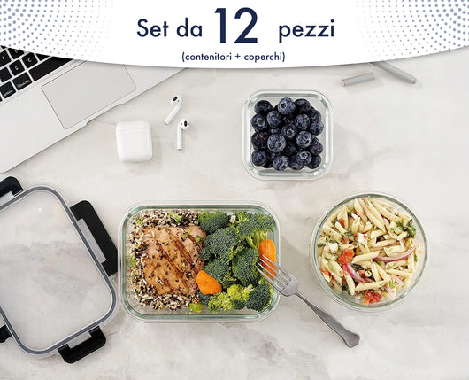 24 Pezzi Contenitori Ermetici Per Alimenti In Vetro Borosilicato 12 Contenitore 12 Coperchi Antiperdita Casa Ufficio Lavoro Scuola Porta Cibo Mangiare Viaggio microonde lavastoviglie
