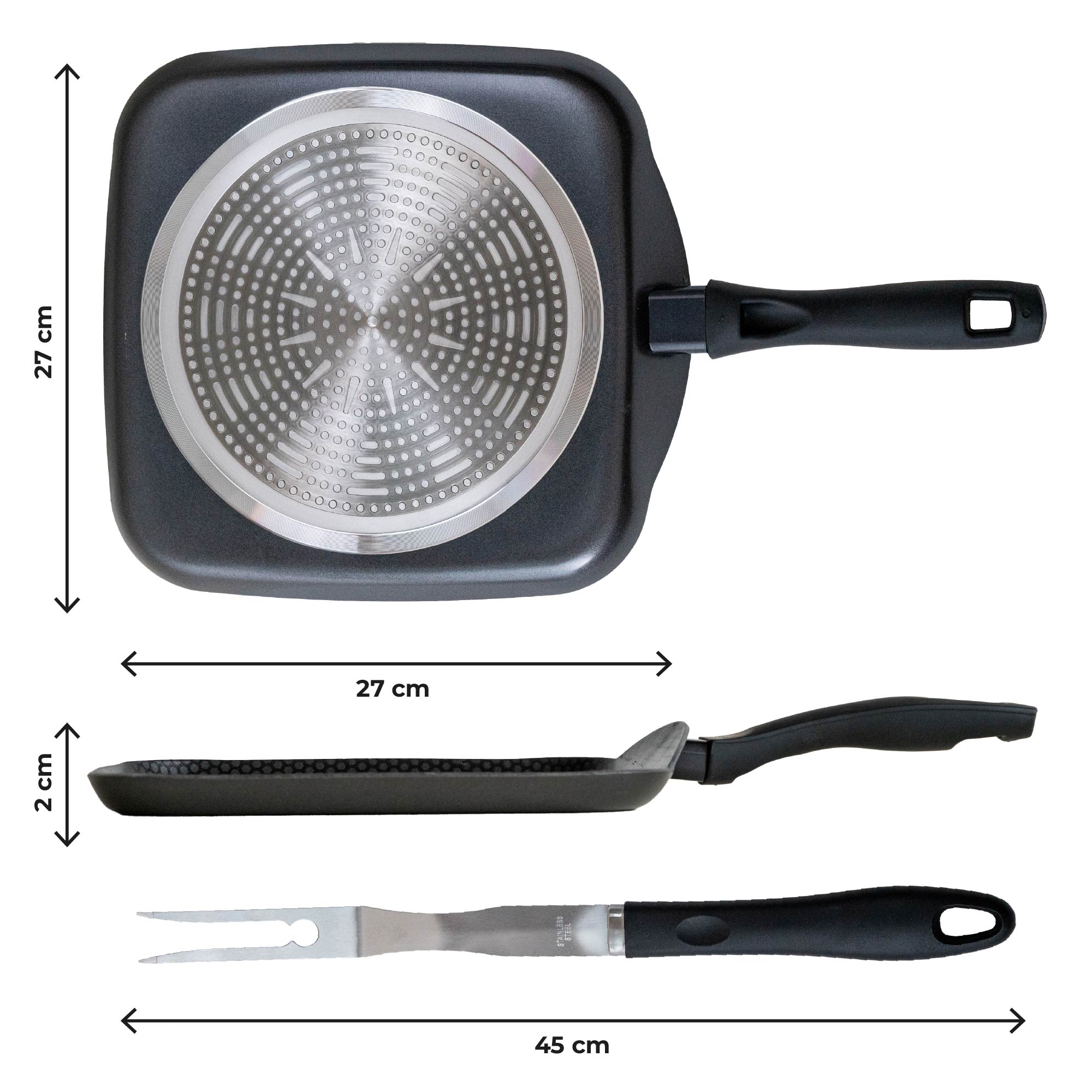 Bistecchiera In Alluminio Per Induzione Quadrata 27x27 Cm Piastra Grill Antiaderente Manico Ergonomico In Regalo Forchettone Gira Carne Tutti Piani Cottura Gas Piastra Vetroceramica Lavabile In Lavastoviglie