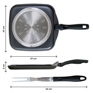 Bistecchiera In Alluminio Per Induzione Quadrata 27x27 Cm Piastra Grill Antiaderente Manico Ergonomico In Regalo Forchettone Gira Carne Tutti Piani Cottura Gas Piastra Vetroceramica Lavabile In Lavastoviglie