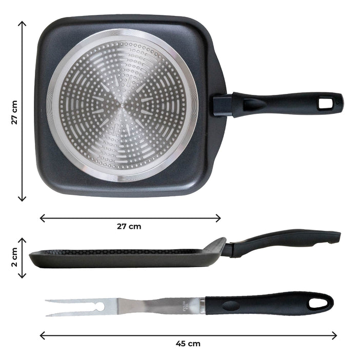 Bistecchiera In Alluminio Per Induzione Quadrata 27x27 Cm Piastra Grill Antiaderente Manico Ergonomico In Regalo Forchettone Gira Carne Tutti Piani Cottura Gas Piastra Vetroceramica Lavabile In Lavastoviglie