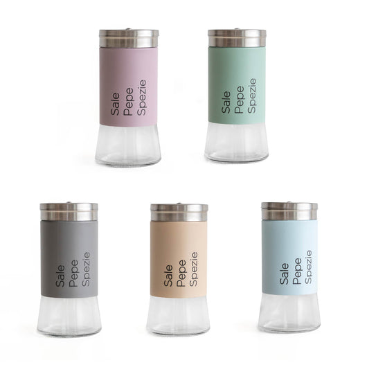 Set 5 Contenitori In Vetro Cucina Portaspezie 130 Ml Barattoli Moderni Sale Pepe Rotondi Moderni Tappo Girevole Acciaio Per Regolazione Con Moderne Scritte Certificati Contatto Alimentare