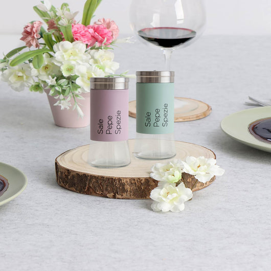 Set 5 Contenitori In Vetro Cucina Portaspezie 130 Ml Barattoli Moderni Sale Pepe Rotondi Moderni Tappo Girevole Acciaio Per Regolazione Con Moderne Scritte Certificati Contatto Alimentare