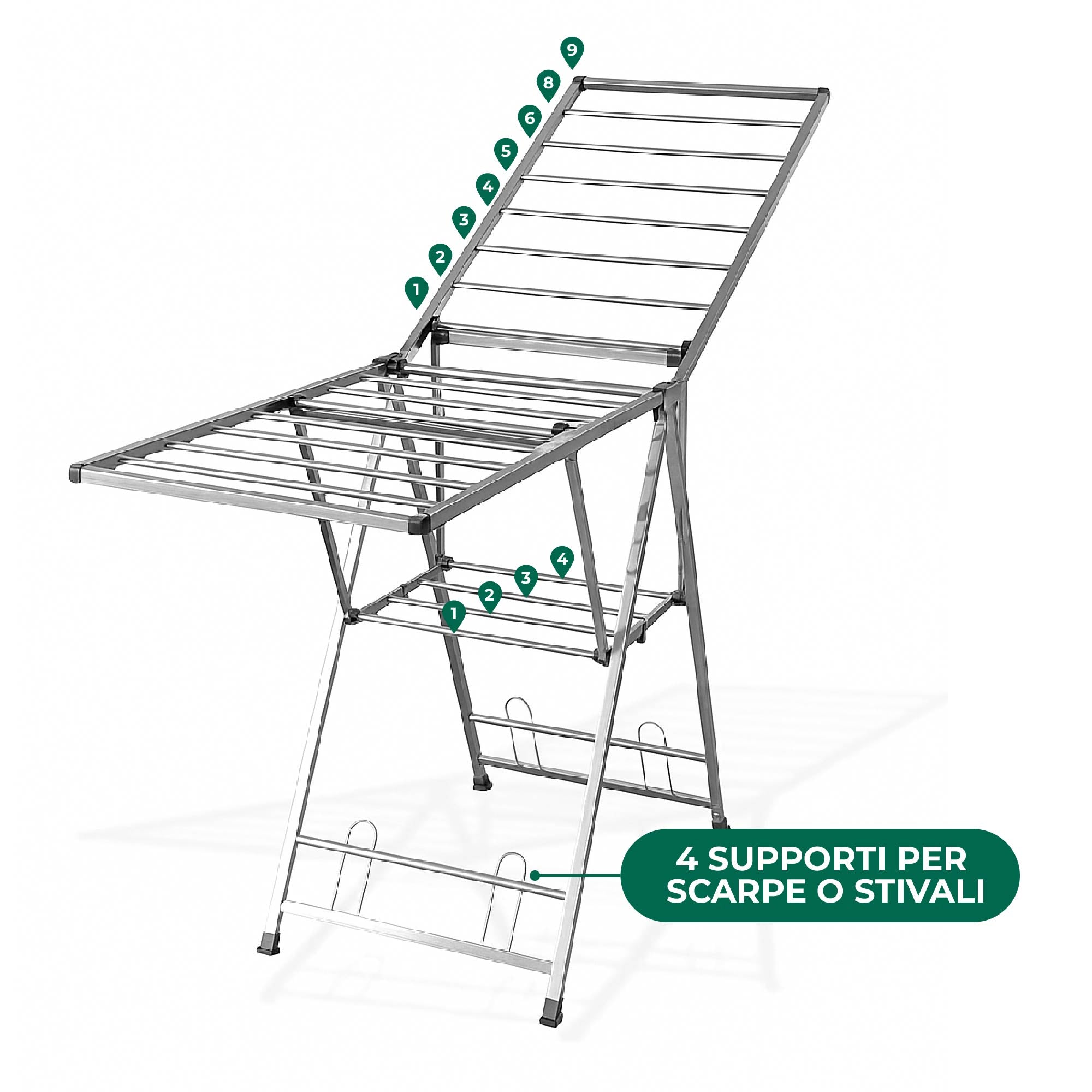 Stendibiancheria In Acciaio Inox 180 Cm Pieghevole Stendino Robusto Griglia Antipiega Portatile Per Uso Interno Esterno Piedini Antiscivolo Salvaspazio Stenditoio