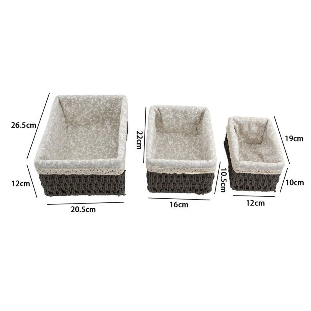 Trade Shop - Set 3 Pz Porta Oggetti Organizer Cestino Intrecciato Vimini Con Fodera In Tessuto 79157 -