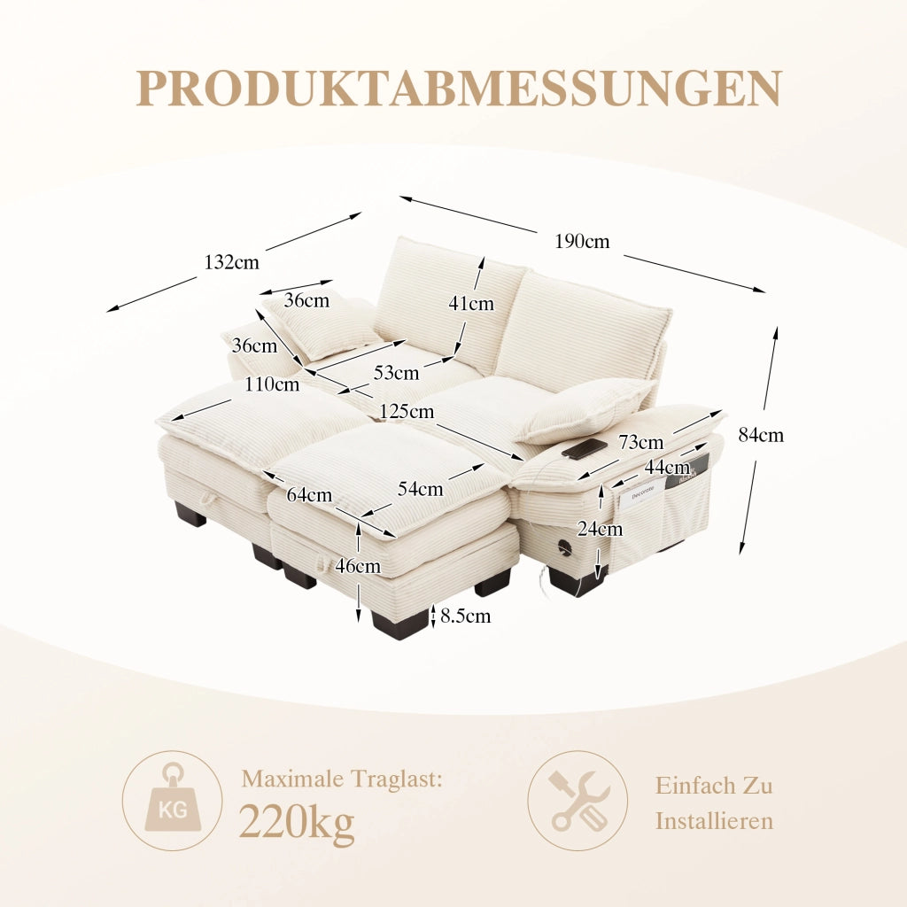 DIVANO 2 posti modulare 190x132x84 cm in corduroy beige, Set da 3 pezzi