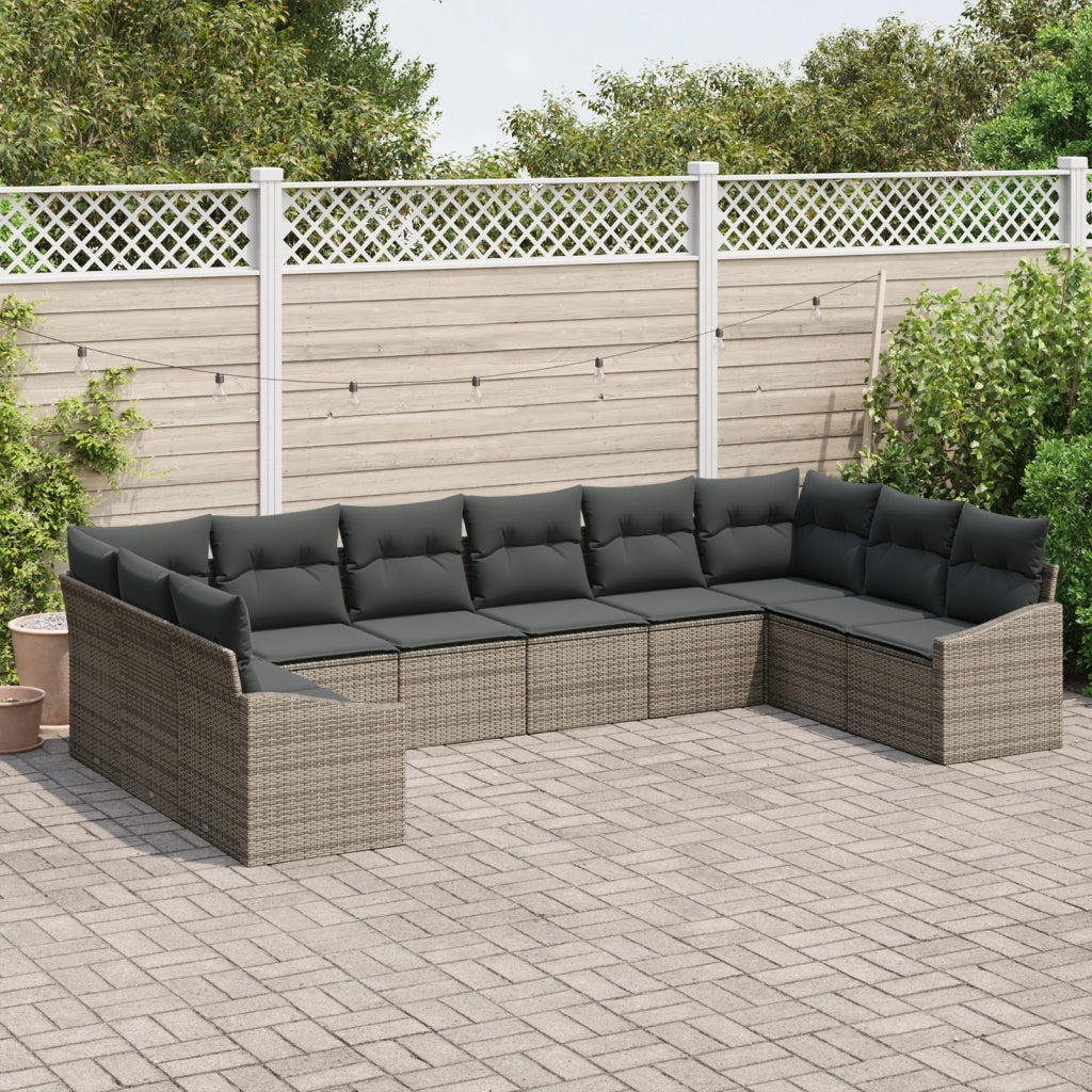 Set da Giardino 10 Pezzi con Cuscini Grigio in Rattan Sintetico