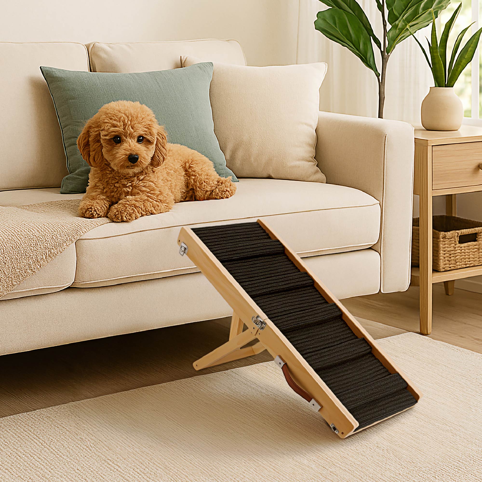 Rampa per Cani Pieghevole Antiscivolo in Legno – Altezza Regolabile fino a 53 cm – Rampa Portatile per Auto, Letto e Divano – Ideale per Cani Anziani e Cuccioli fino a 20 kg