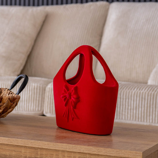 Vaso Decorativo Moderno da Interno in Ceramica – Collezione Design Elegante per Arredo Casa,Vasi Da Soggiorno, Tavolo o Salotto Soprammobile Di Design Borsetta - Rosso effetto Velluto