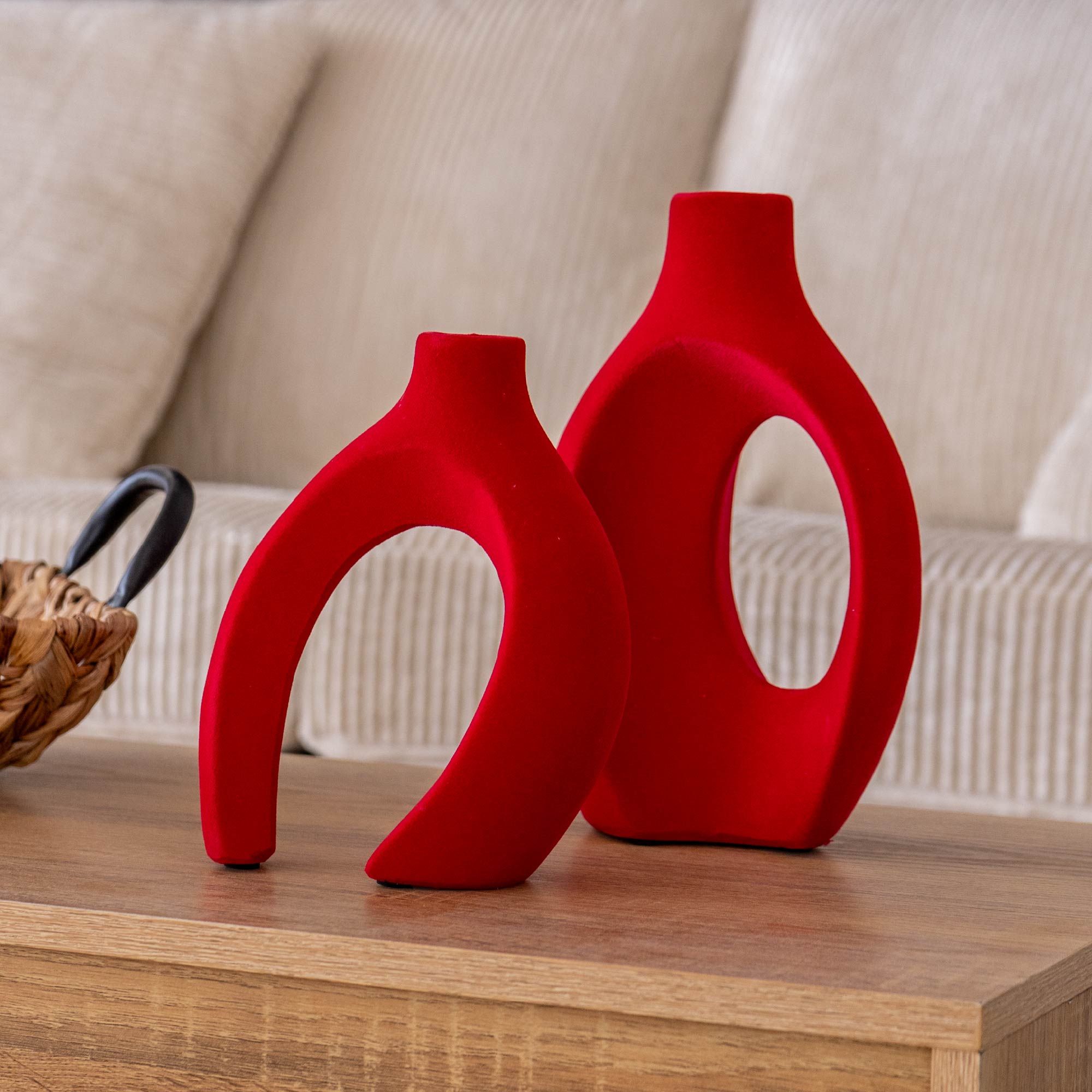Vaso Decorativo Moderno da Interno in Ceramica – Collezione Design Elegante per Arredo Casa,Vasi Da Soggiorno, Tavolo o Salotto Soprammobile Di Design Intrecci-2Pz - Rosso effetto Velluto