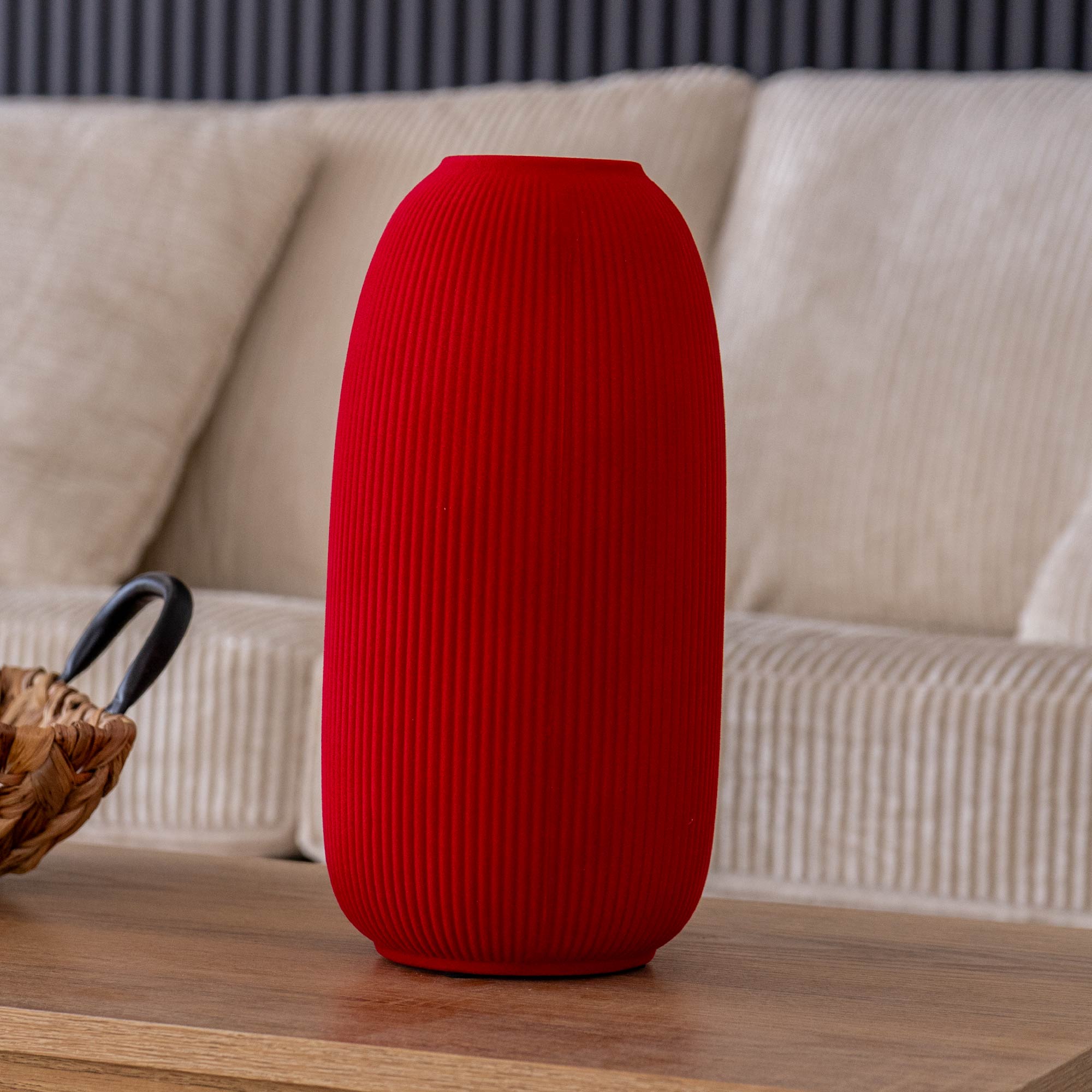 Vaso Decorativo Moderno da Interno in Ceramica – Collezione Design Elegante per Arredo Casa,Vasi Da Soggiorno, Tavolo o Salotto Soprammobile Di Design Anfora Rigata - Rosso effetto Velluto