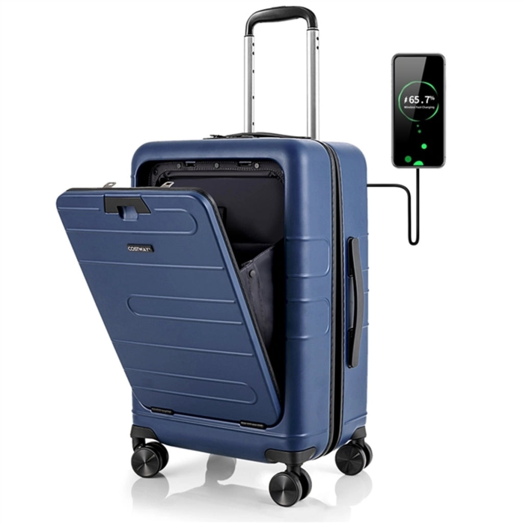 Valigia leggera con scocca rigida in PC con tasca frontale manico retrattile-Bagaglio a mano espandibile ruote girevoli Blu navy