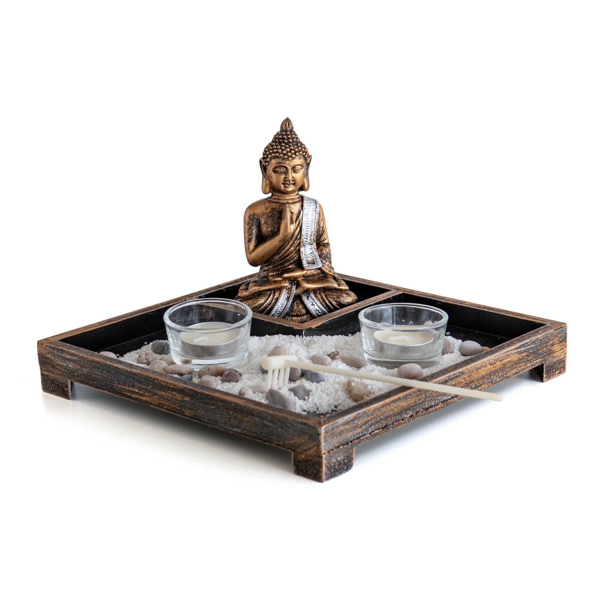 Giardino Zen da Tavolo con Statua Buddha, Sabbia, Sassi e Rastrello – Kit Decorativo Relax e Meditazione, Portacandele Tealight in Vetro Quadrato