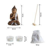 Giardino Zen da Tavolo con Statua Buddha, Sabbia, Sassi e Rastrello – Kit Decorativo Relax e Meditazione, Portacandele Tealight in Vetro Quadrato