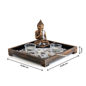 Giardino Zen da Tavolo con Statua Buddha, Sabbia, Sassi e Rastrello – Kit Decorativo Relax e Meditazione, Portacandele Tealight in Vetro Quadrato