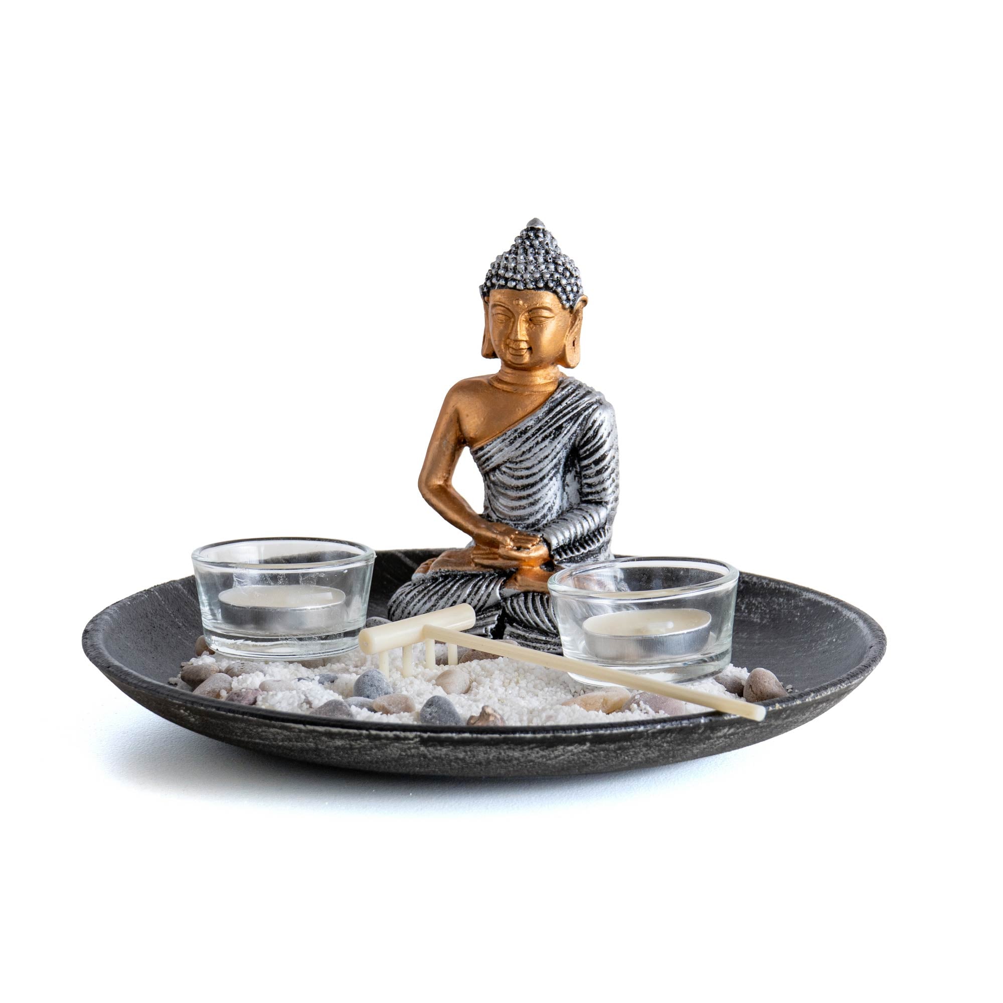 Giardino Zen da Tavolo con Statua Buddha, Sabbia, Sassi e Rastrello – Kit Decorativo Relax e Meditazione, Portacandele Tealight in Vetro Rotondo