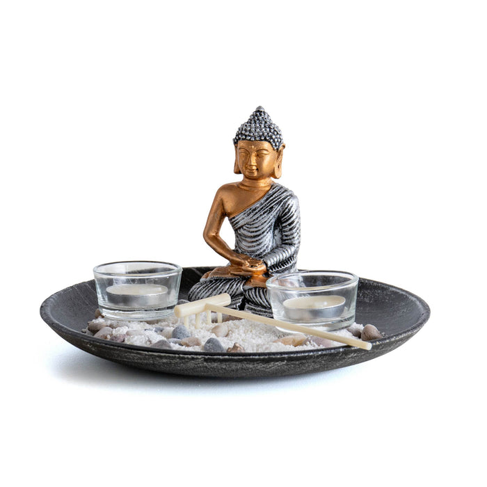 Giardino Zen da Tavolo con Statua Buddha, Sabbia, Sassi e Rastrello – Kit Decorativo Relax e Meditazione, Portacandele Tealight in Vetro Rotondo